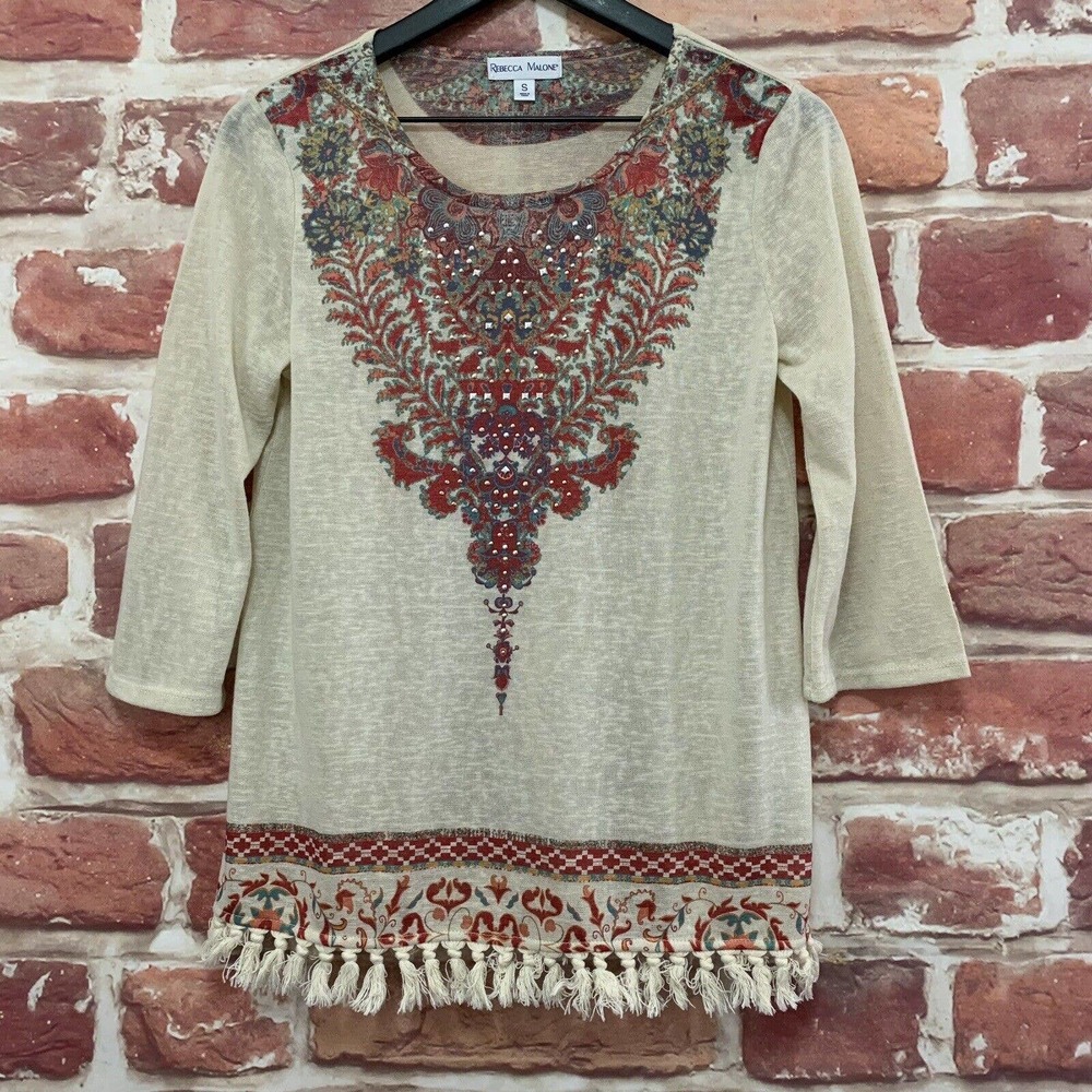 Rebecca Malone Top Women's Cream Multicolor Boho Festival Fringe Shirt